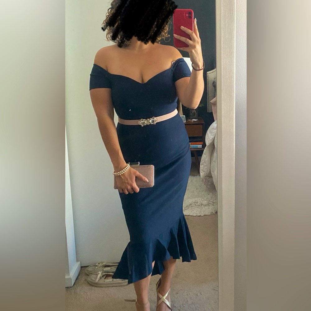 NWT Navy blue midi fit and flare off the shoulder pencil dress